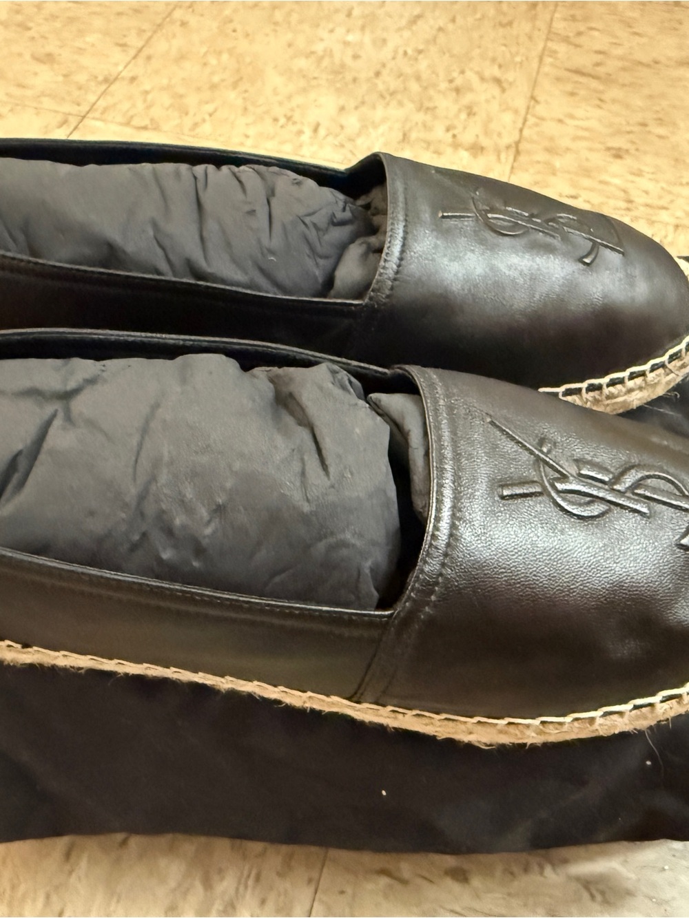 Yves Saint Laurent Black Leather Espadrille Slip-Ons with Embossed Logo